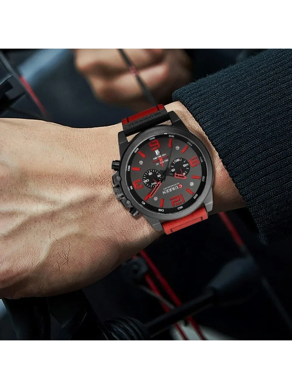 Men's Black And Red Analog Leather Strap Sandwich Dial Chronograph Wrist Watch